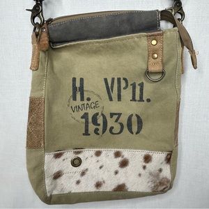 Myra Crossbody Shoulder Sling Purse Vin. 1930 Canvas Leather Cowhide Fur 11x13”